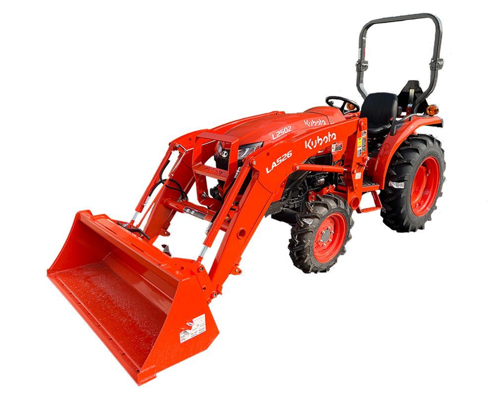 Red Kubota tractor with a front-end loader on a white background.