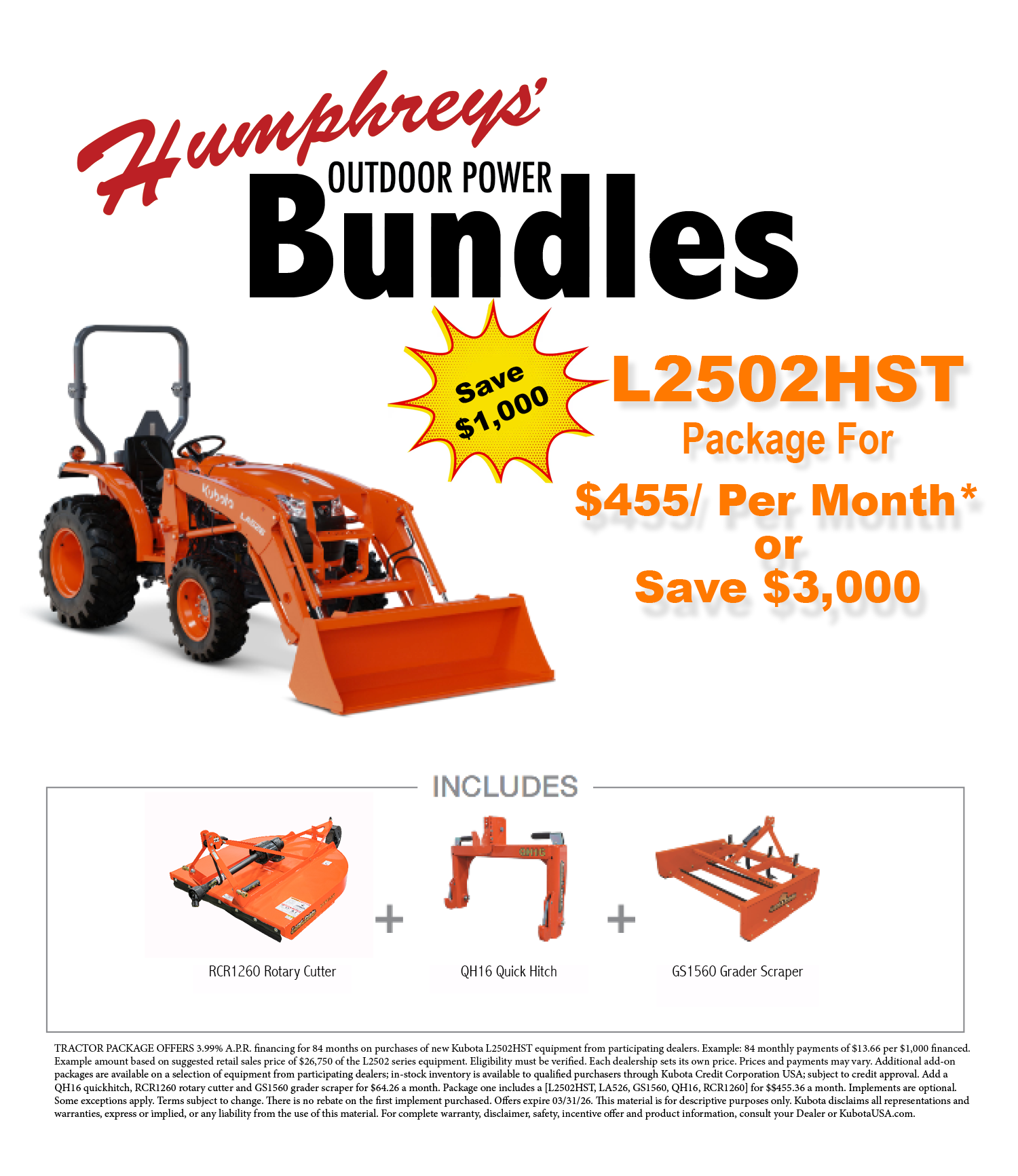 Humphreys Outdoor Power Bundles ad. Orange tractor, save $1,000. Includes mower, hitch, and box blade.