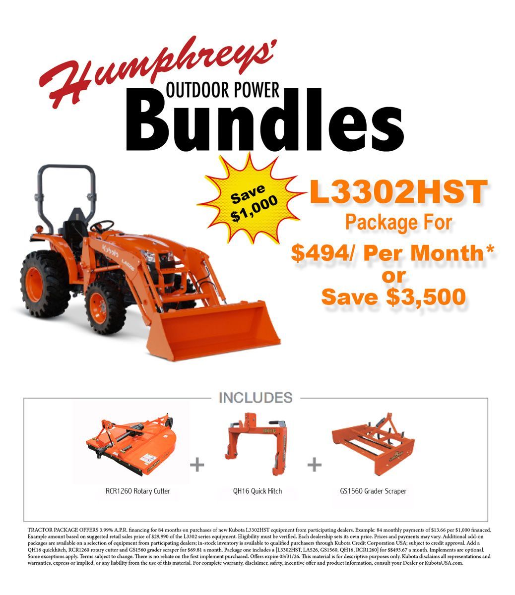 Humphreys Outdoor Power Bundles ad. Orange tractor, save $1,000.  Includes mower, hitch, and box blade.