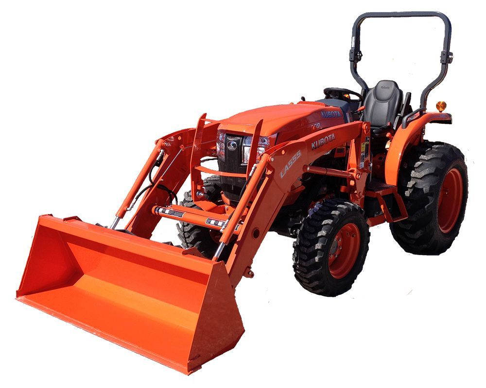 Orange Kubota tractor with a front-end loader on a white background.