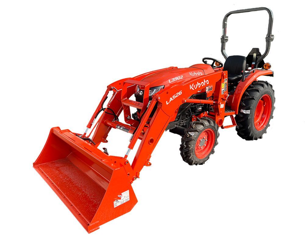 Orange tractor with front loader on a white background.