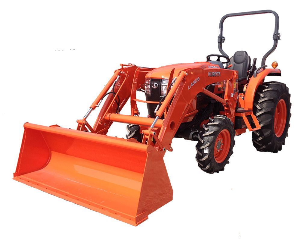 Orange Kubota tractor with front loader on a white background.