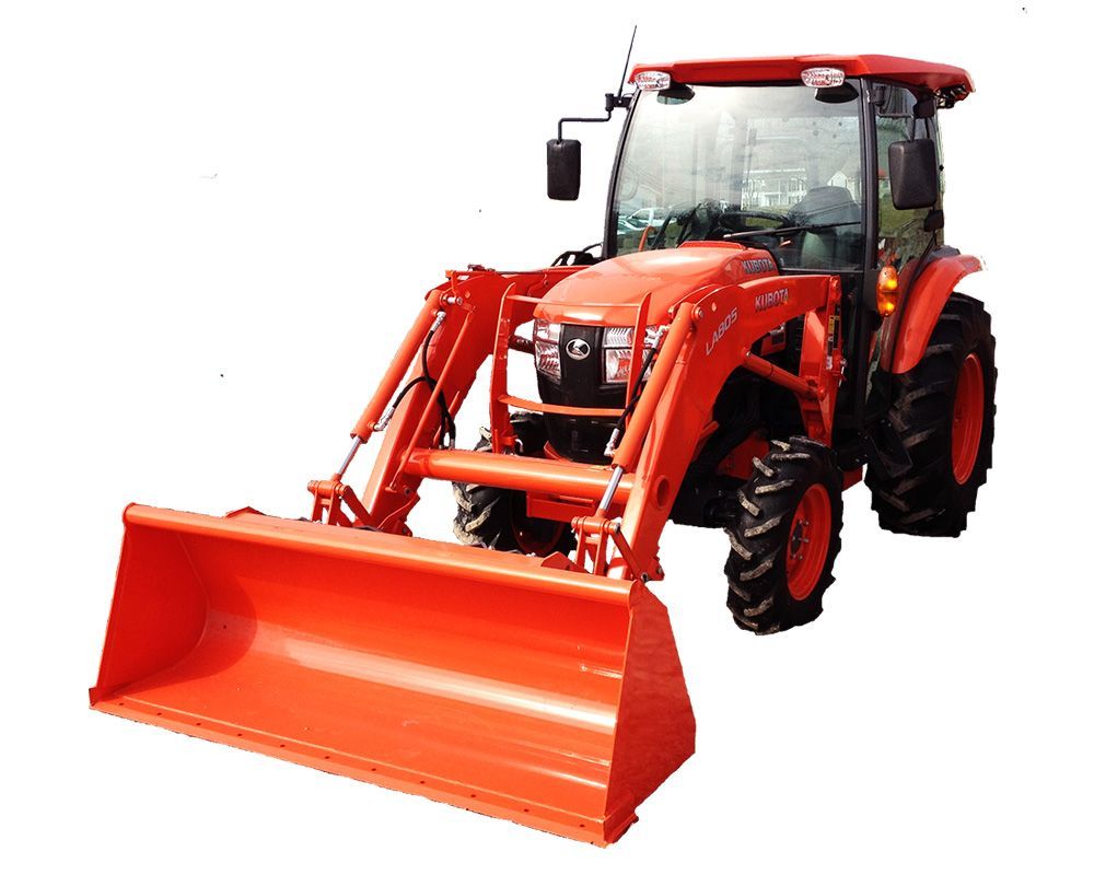 Orange Kubota tractor with front loader on a white background.
