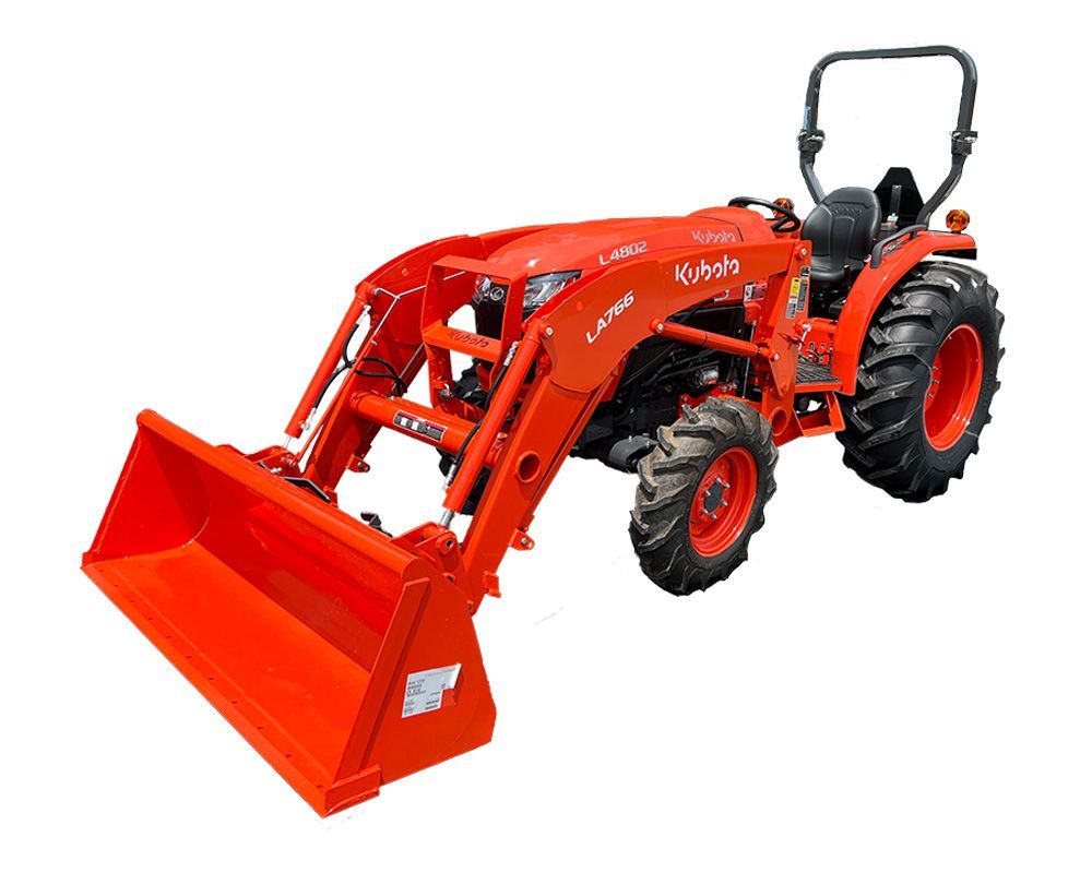 Orange Kubota tractor with front loader on a white background.