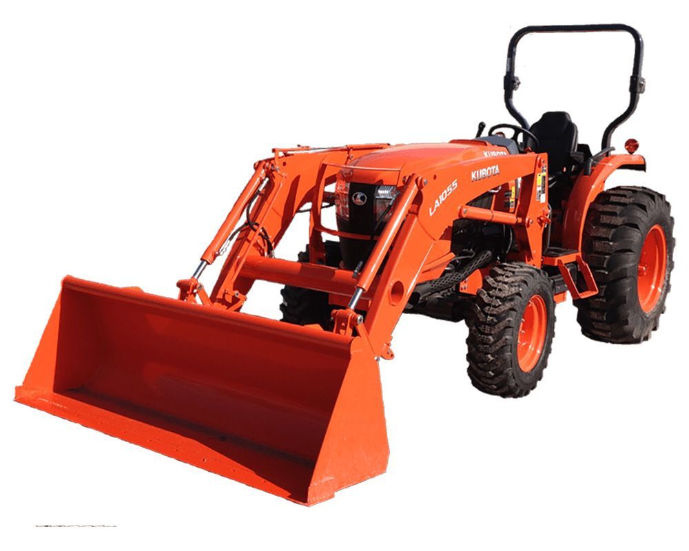 Orange Kubota tractor with front-end loader on white background.
