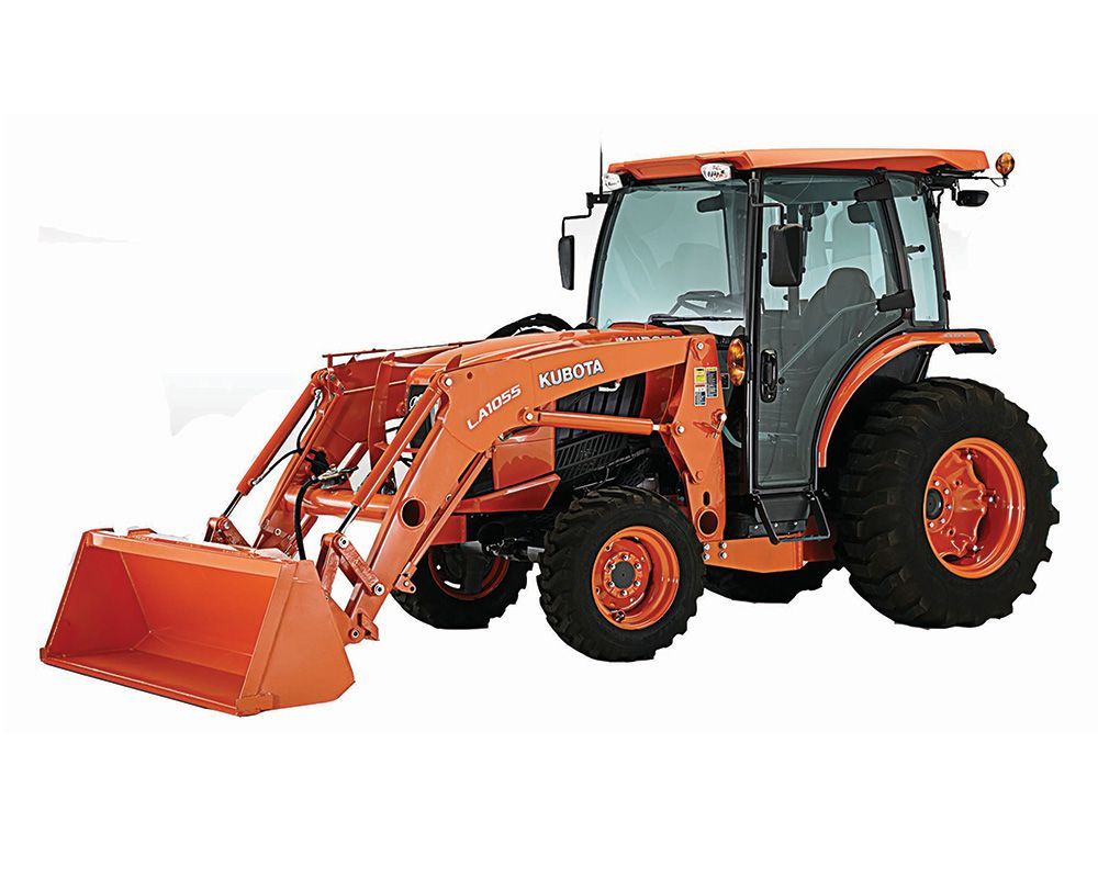 Orange Kubota tractor with front-end loader on white background.