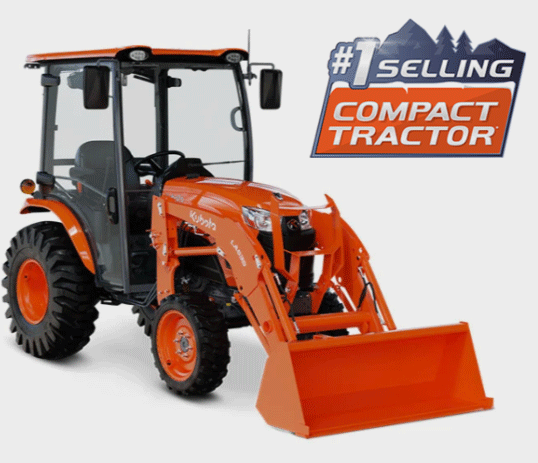 Orange Kubota compact tractor with loader, labeled #1 selling compact tractor.