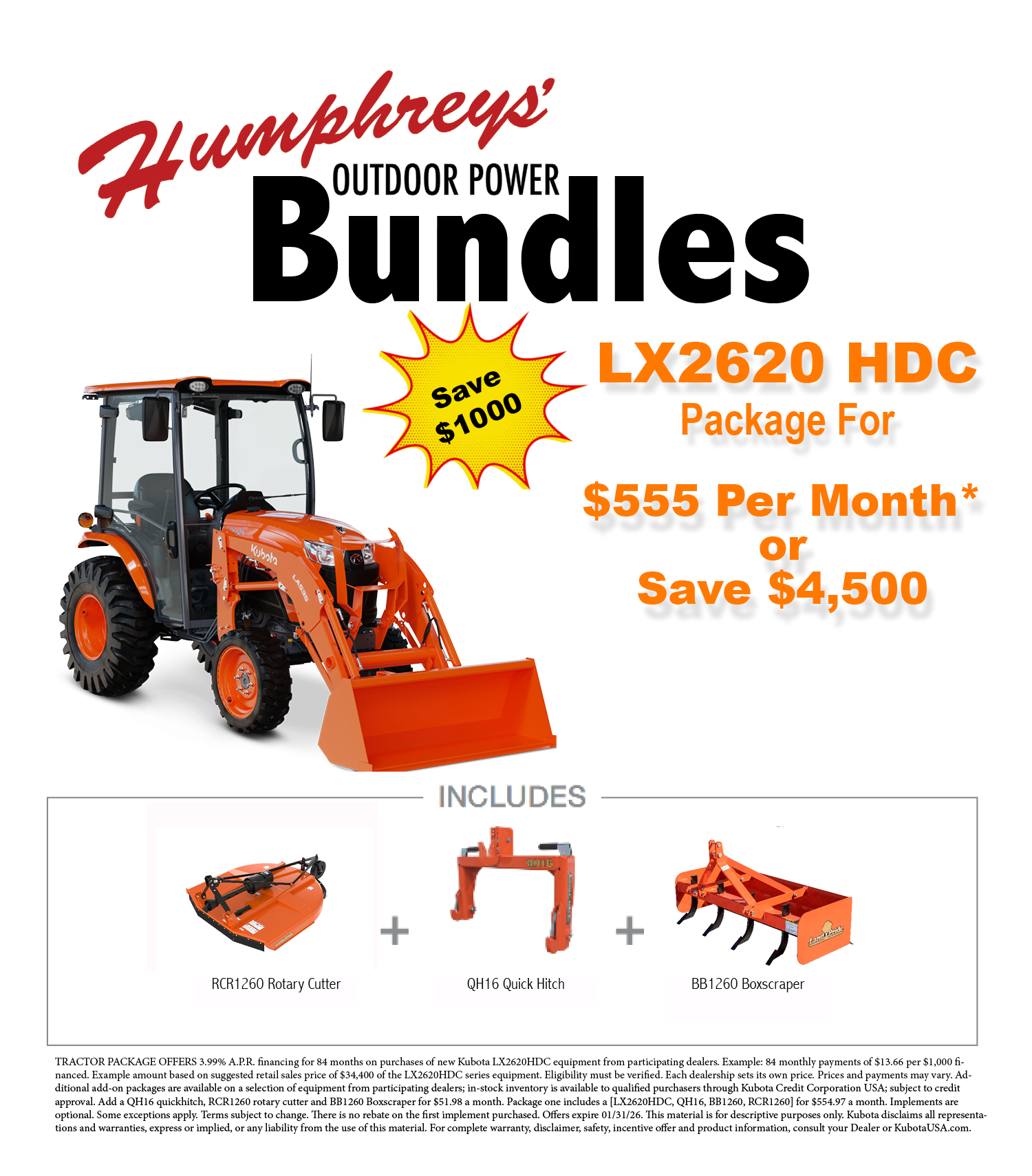 Humphreys Outdoor Power Bundles ad: Kubota tractor with attachments, saving $4,500. $552/month.