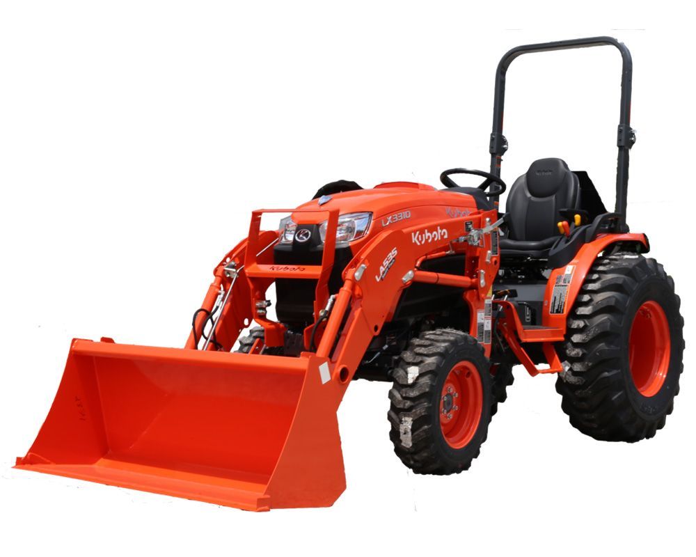 Orange Kubota tractor with front loader, on a white background.
