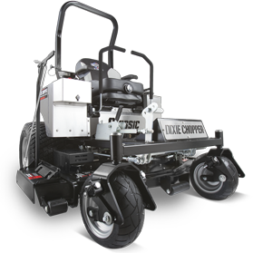 Dixie Chopper zero-turn lawnmower, silver and black, with a roll bar and large front wheels.