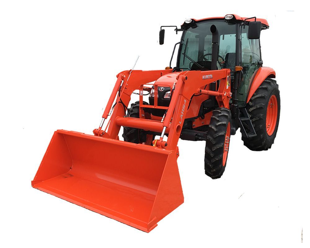 Orange Kubota tractor with front-end loader on white background.
