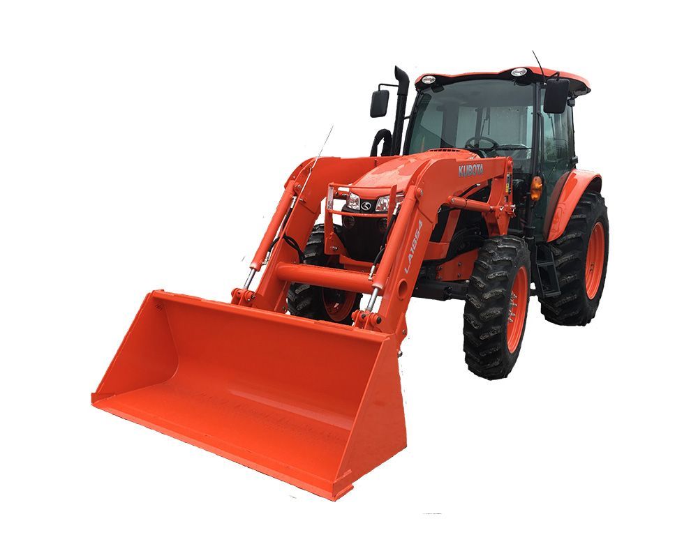 Orange tractor with front loader bucket, on a white background.