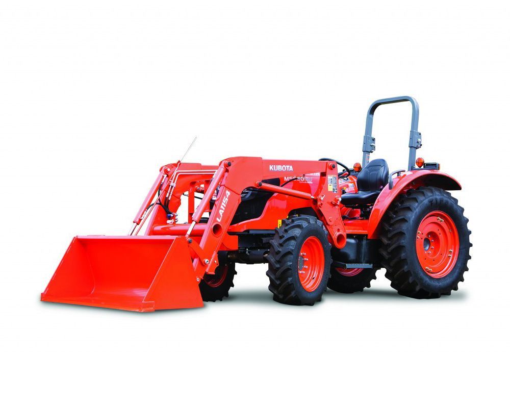 Orange tractor with front loader on a white background.