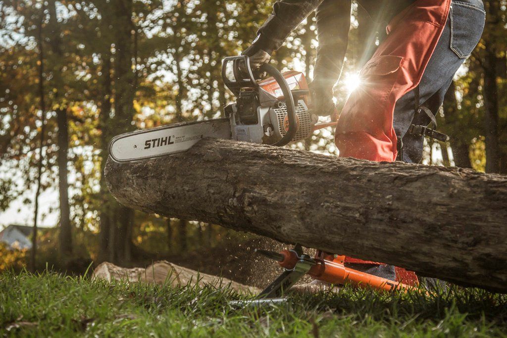 Person using a chainsaw to cut a log in a forest.