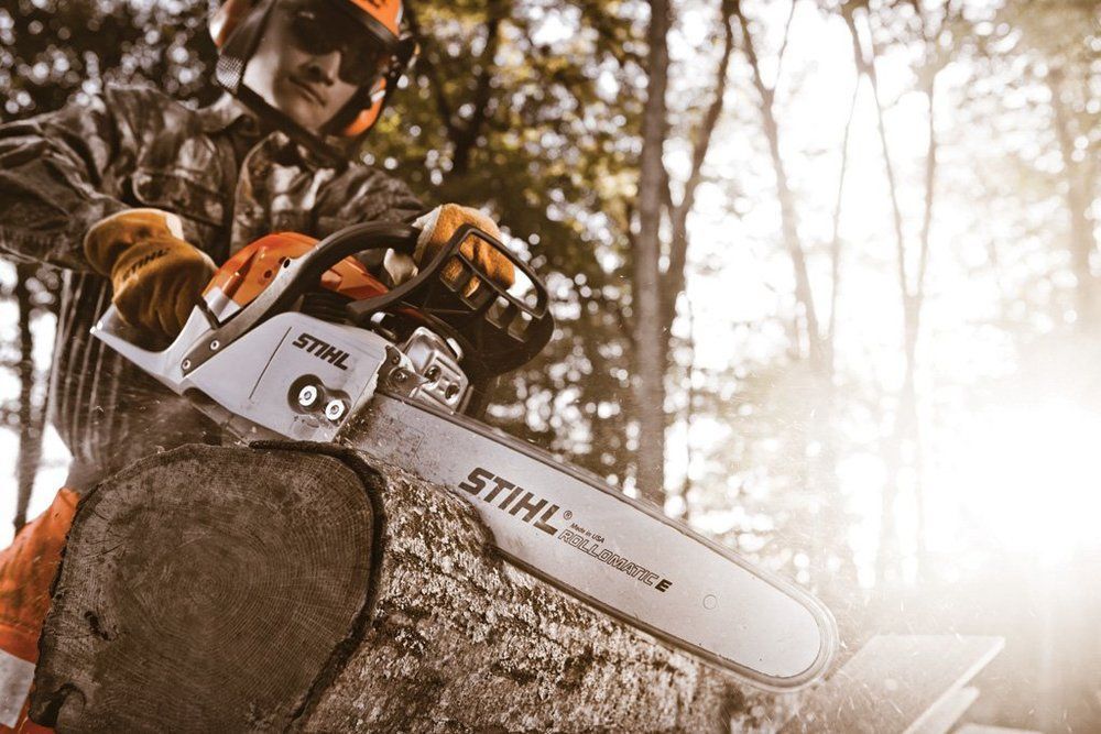 Person in safety gear using a STIHL chainsaw to cut a log in a forest.