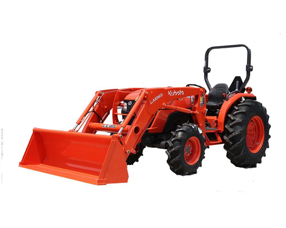 Orange tractor with a front loader and mower deck.