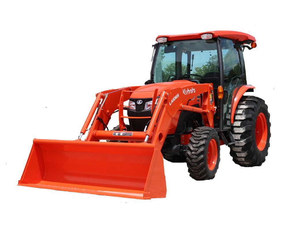 Orange Kubota tractor with front loader on white background.
