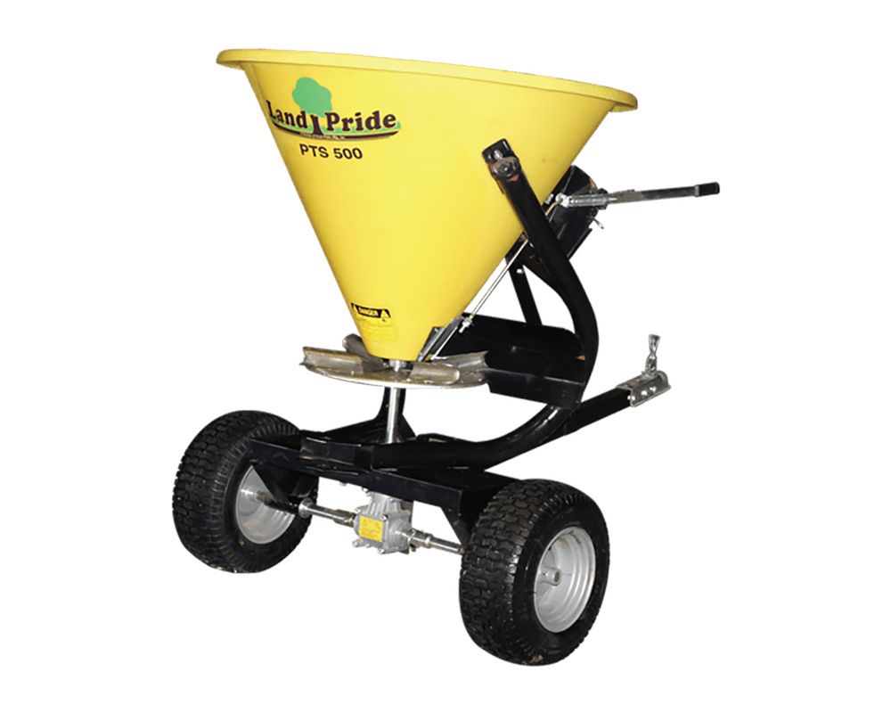 Yellow Handy Pride PTO-500 spreader, with black frame and two rubber wheels, against a white background.
