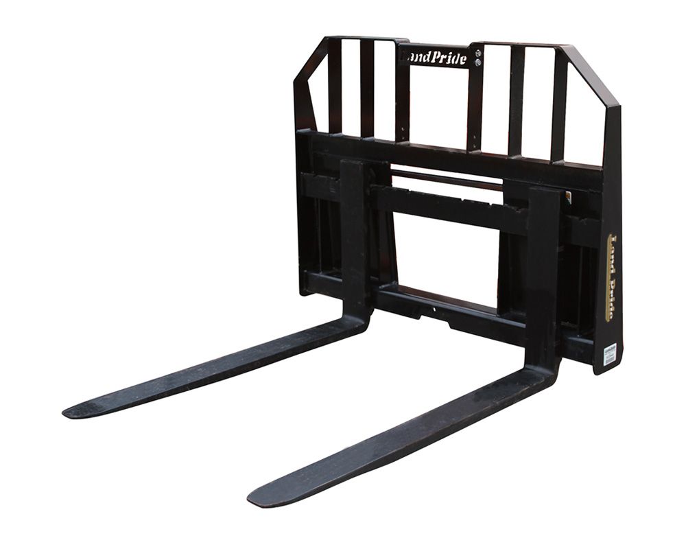 Black forklift attachment with two long, flat forks.