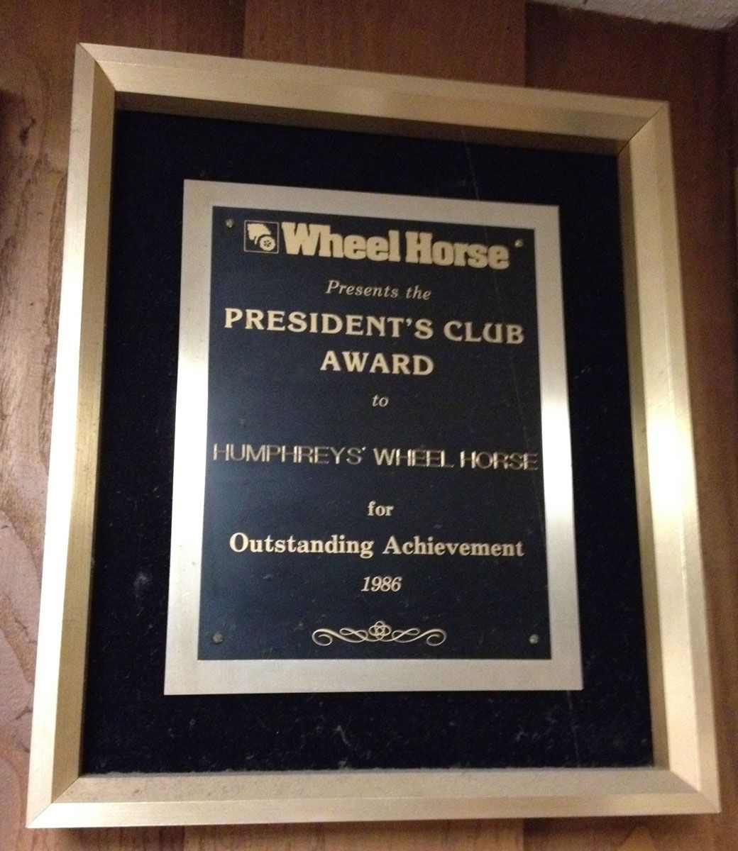 Framed award plaque, President's Club Award, honoring 