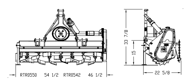 Diagram of a rotary tiller with dimensions labeled. Side and top views show its size and features.