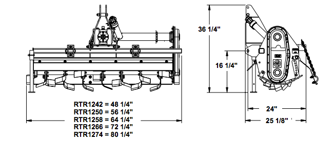 Diagram of a tiller with measurements, including width, height, and model numbers.