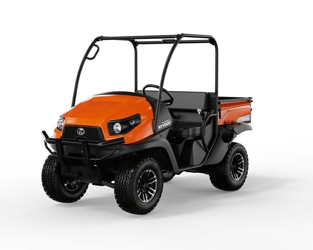 Orange Kubota utility vehicle with black roll cage and wheels.