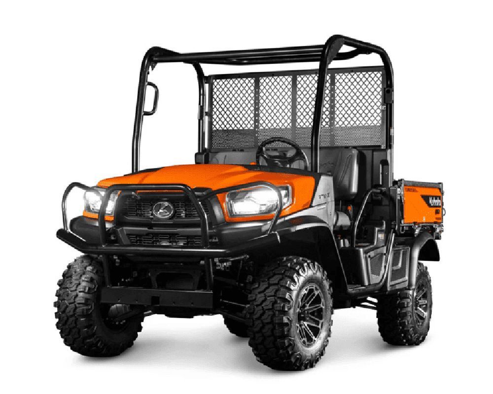 Orange and black Kubota utility vehicle with roll cage and cargo bed.