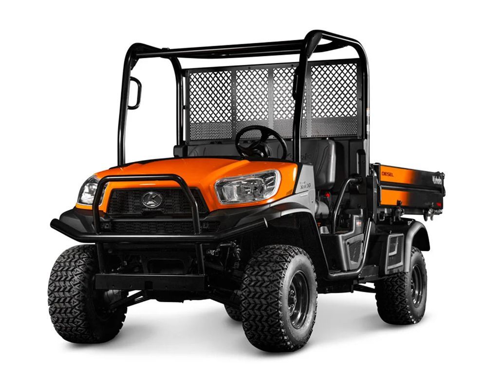 Orange and black utility vehicle with a black roll cage, on a white background.
