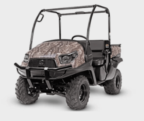 Camouflage-patterned utility vehicle with a black roll cage, tires, and bumper.