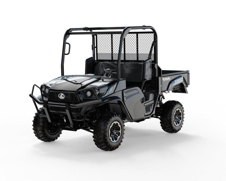 Dark gray Kubota utility vehicle with roll cage, on white background.