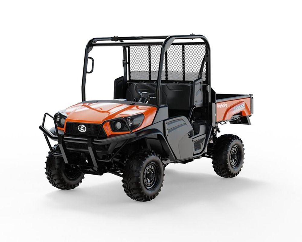 Orange and black Kubota utility vehicle with a roll cage and cargo bed.