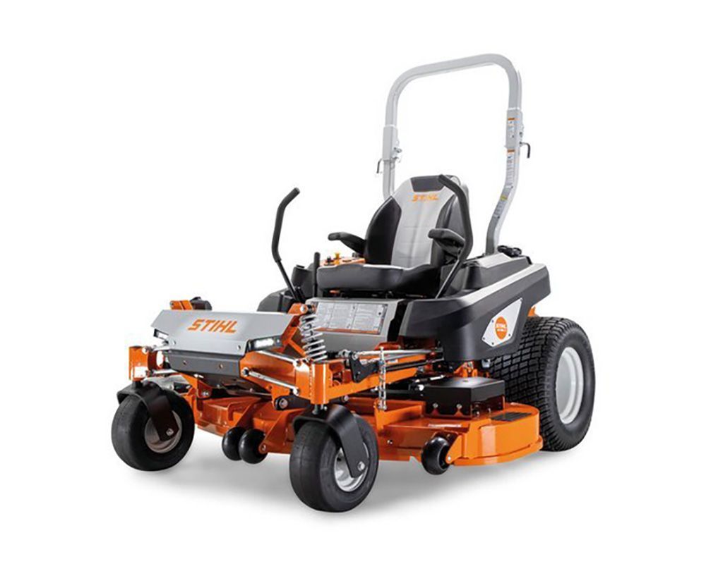 Orange and black STIHL zero-turn lawnmower on a white background.