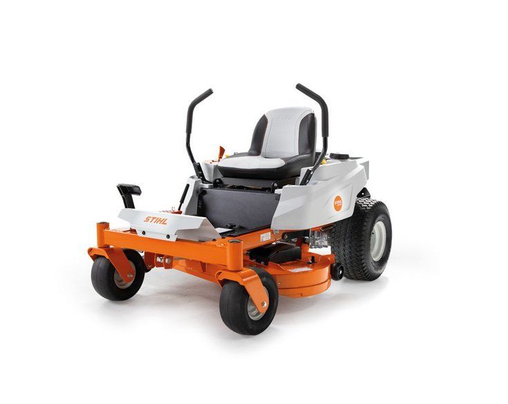 Orange and white zero-turn lawnmower.
