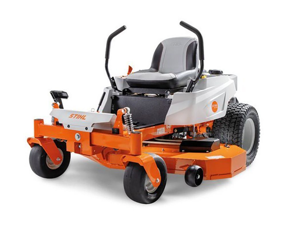 Orange and white Stihl zero-turn lawnmower on a white background.