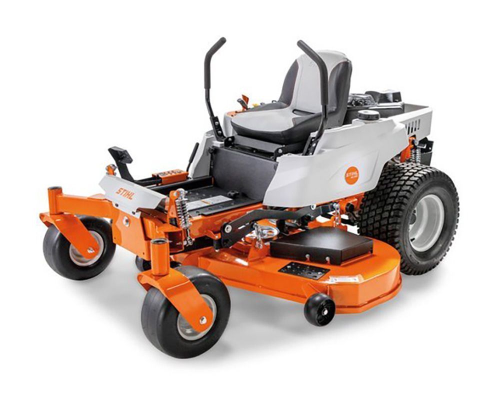 Orange and white STIHL zero-turn riding lawn mower on a white background.