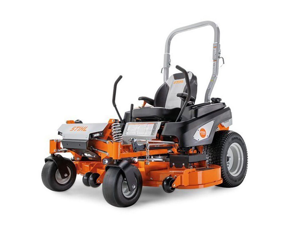 Orange and black zero-turn lawn mower on a white background, with a silver roll bar.