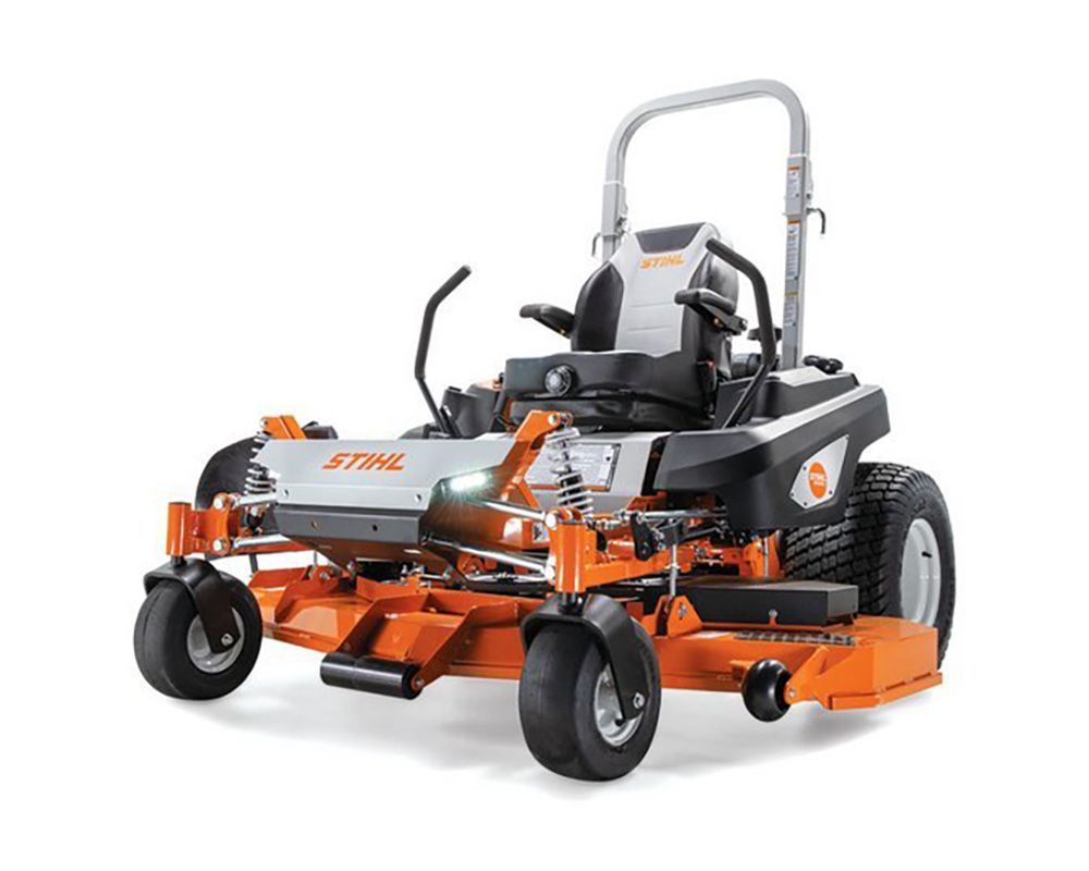 Orange and black STIHL zero-turn lawn mower on a white background.