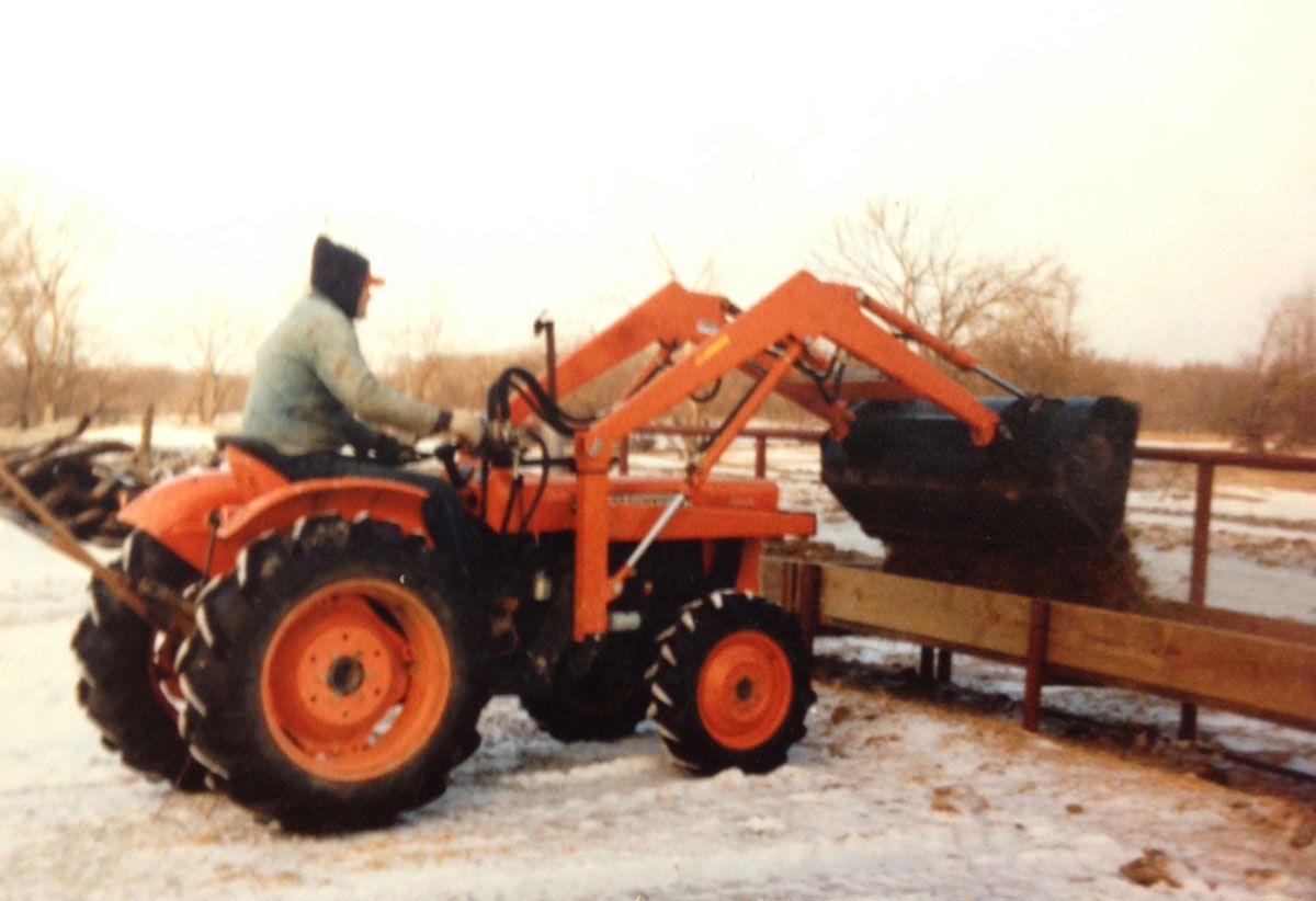 Orange tractor with front loader scoops hay into a feeding trough on a snowy day.