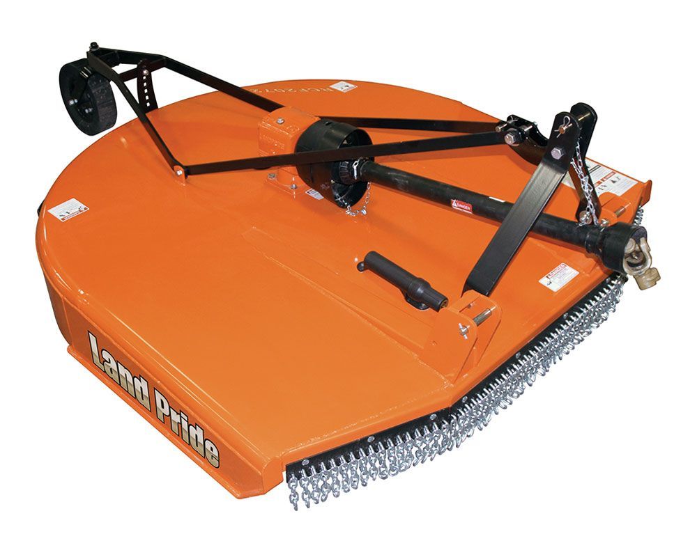 Orange rotary mower with chain guard, tow bar, and supporting wheel.