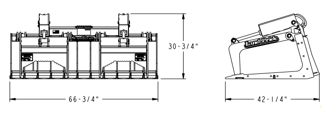 Diagram of a bucket attachment, showing dimensions