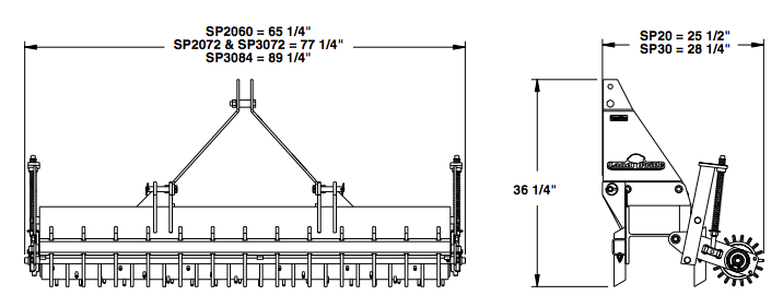 Diagram of a lawn aerator, showing dimensions, side and front view.