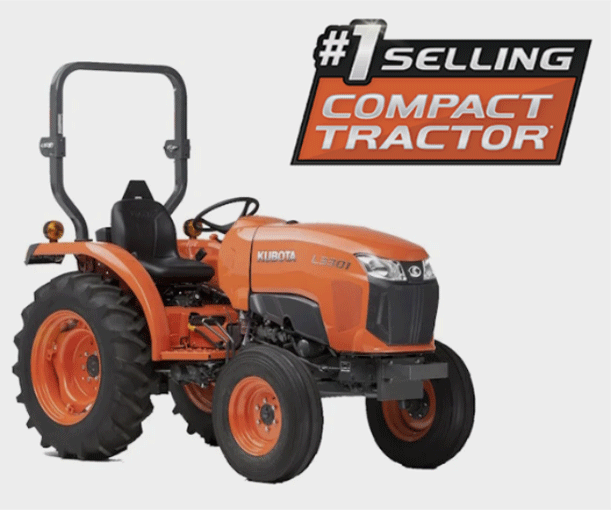 Orange Kubota compact tractor with loader, labeled #1 selling compact tractor.