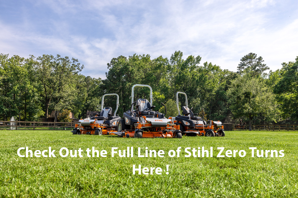 Three orange Stihl zero-turn mowers on a grassy lawn; trees in the background with text