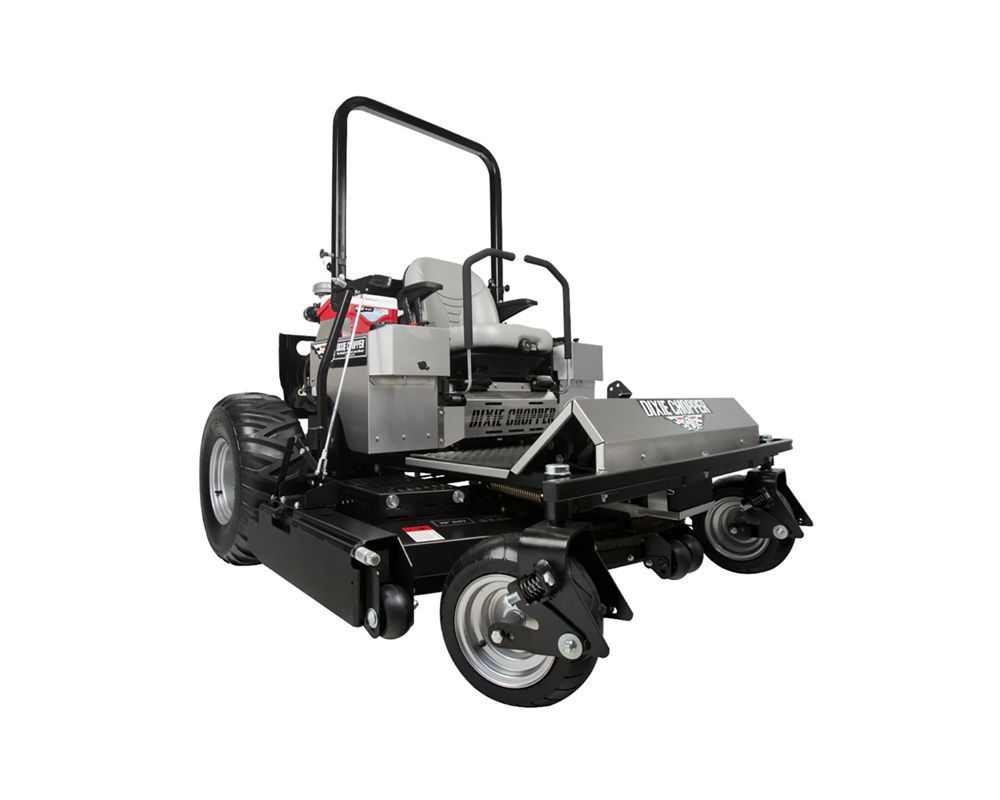 Rear view of a gray and black zero-turn lawn mower on a white background.