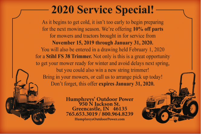 Advertisement for Humphreys Outdoor Power's 2020 service special. Offering 10% off mower & tractor parts until Jan 31, 2020.