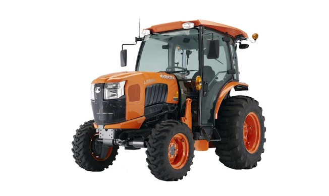 Orange Kubota compact tractor with loader, labeled #1 selling compact tractor.