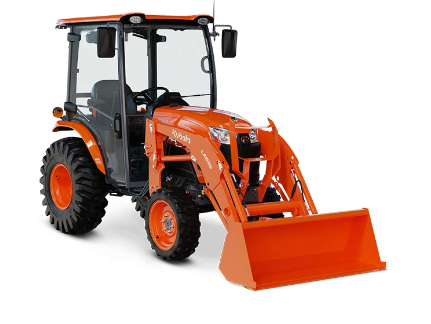 Orange Kubota tractor with a front loader and cab.