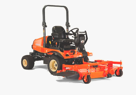 Orange and black zero-turn lawn mower on white background.