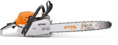 A Stihl chainsaw, orange and white, with a black handle, on a white background.